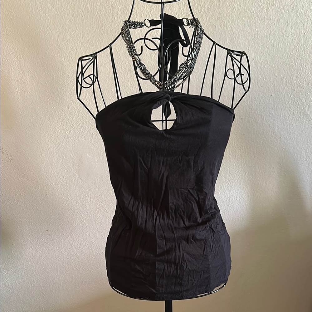 Elegant Shelf Bra Black Halter Top with Chain Detail!